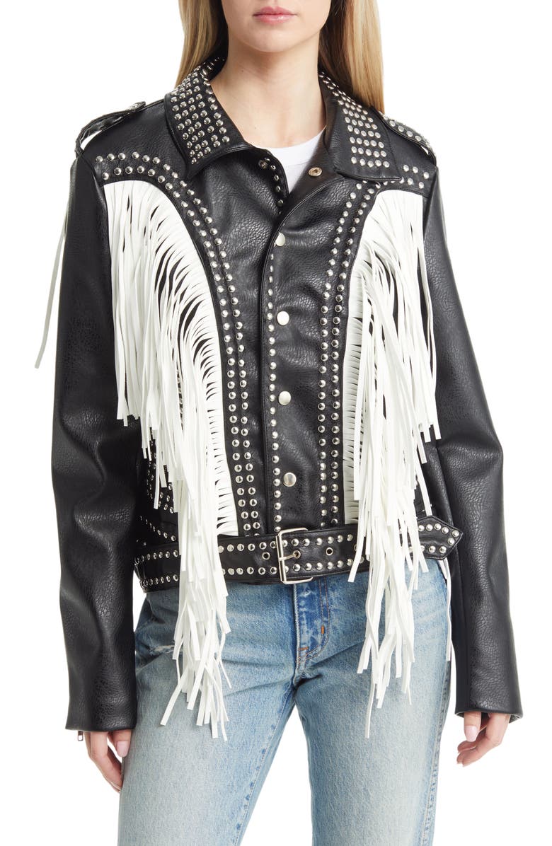 AZALEA WANG Beaded Fringe Detail Faux Leather Moto Jacket, Alternate, color, 