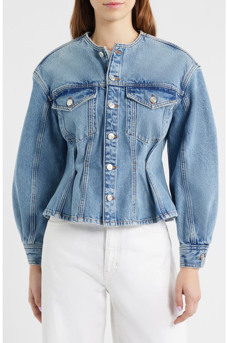 The Nipped Collarless Denim Jacket, Main, color, UMBRIA