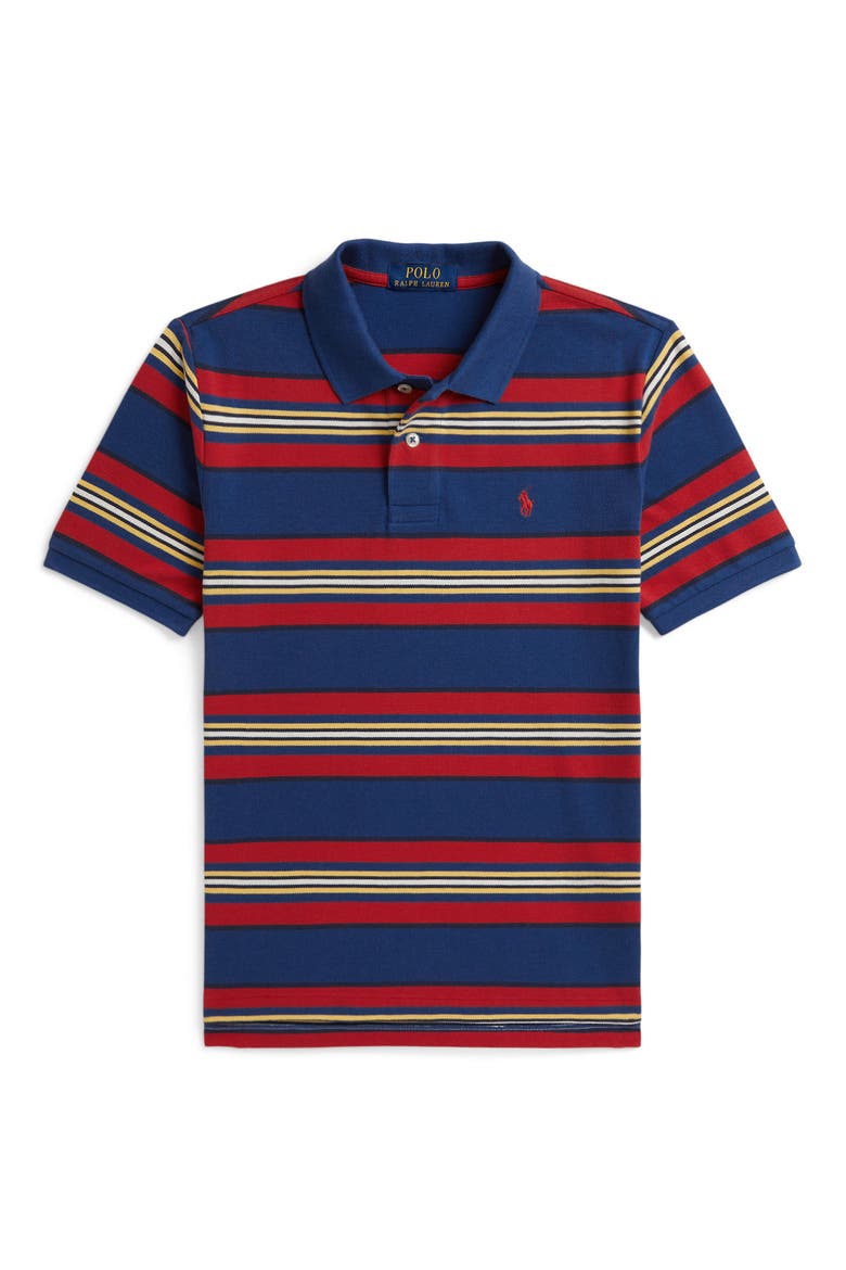 Kids' Striped Cotton Piqué Polo, Main, color, DUSTY AZURE MULTI