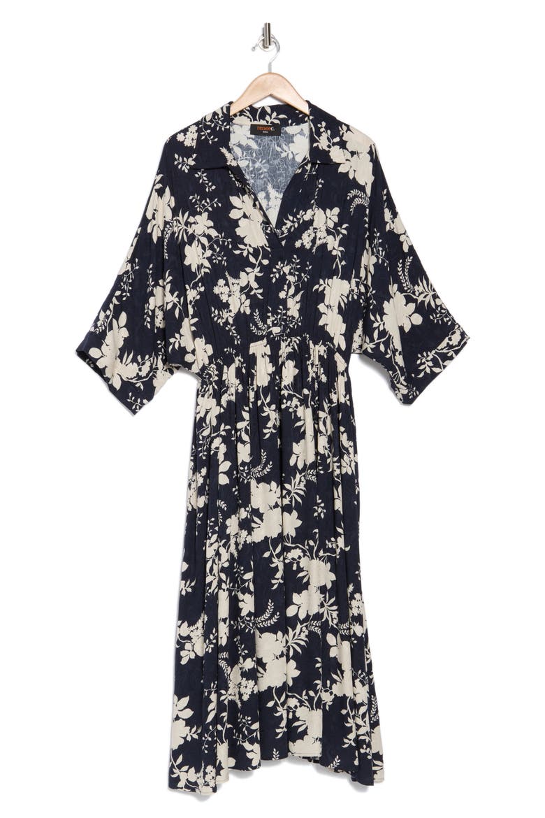 Floral Collared Jacquard Dress, Alternate, color, NAVY