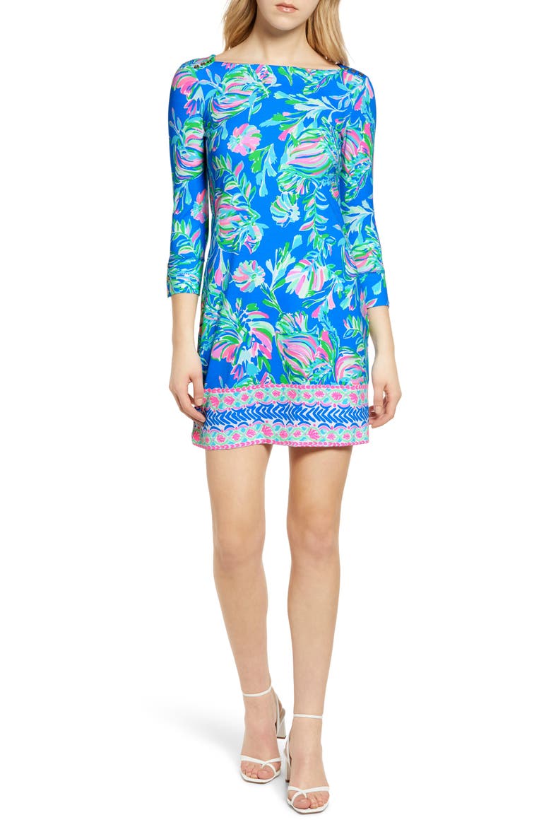 UPF 50+ Sophie Three Quarter Sleeve Shift Dress, Main, color, BLUE FLARE FANCY FINS