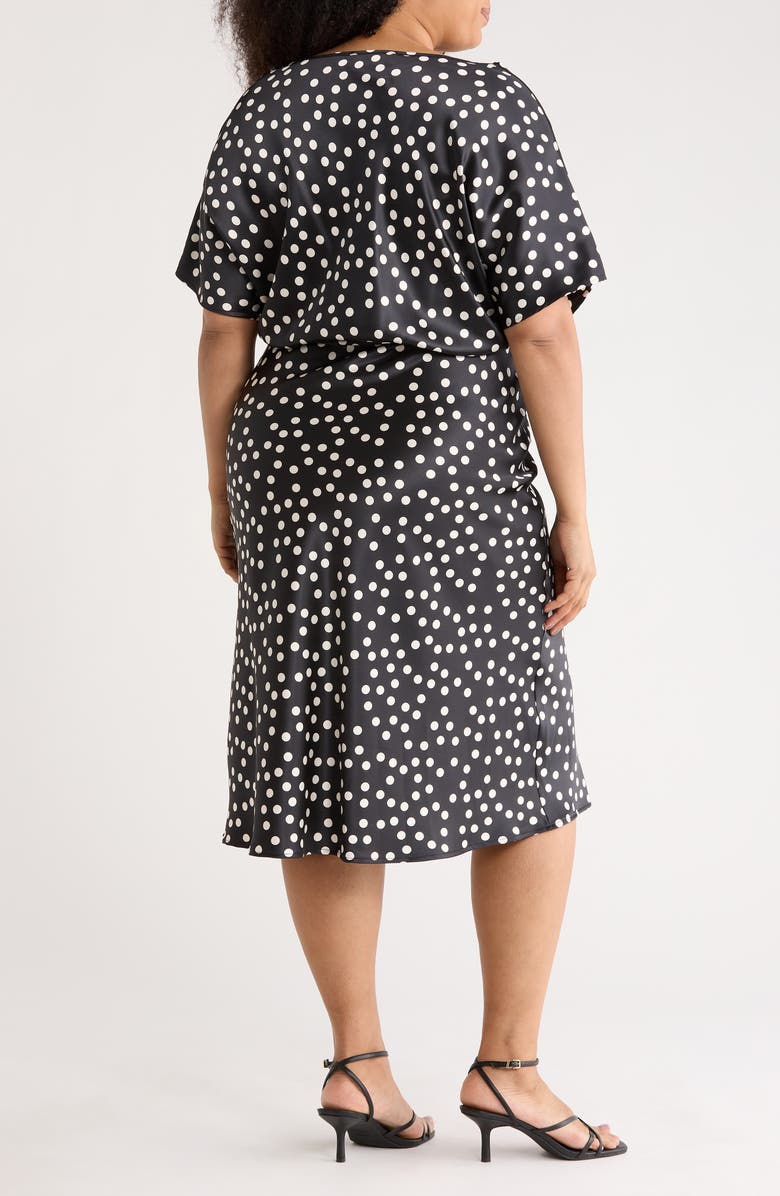 Renee C Polka Dot Short Sleeve Satin Midi Dress, Alternate, color, Black