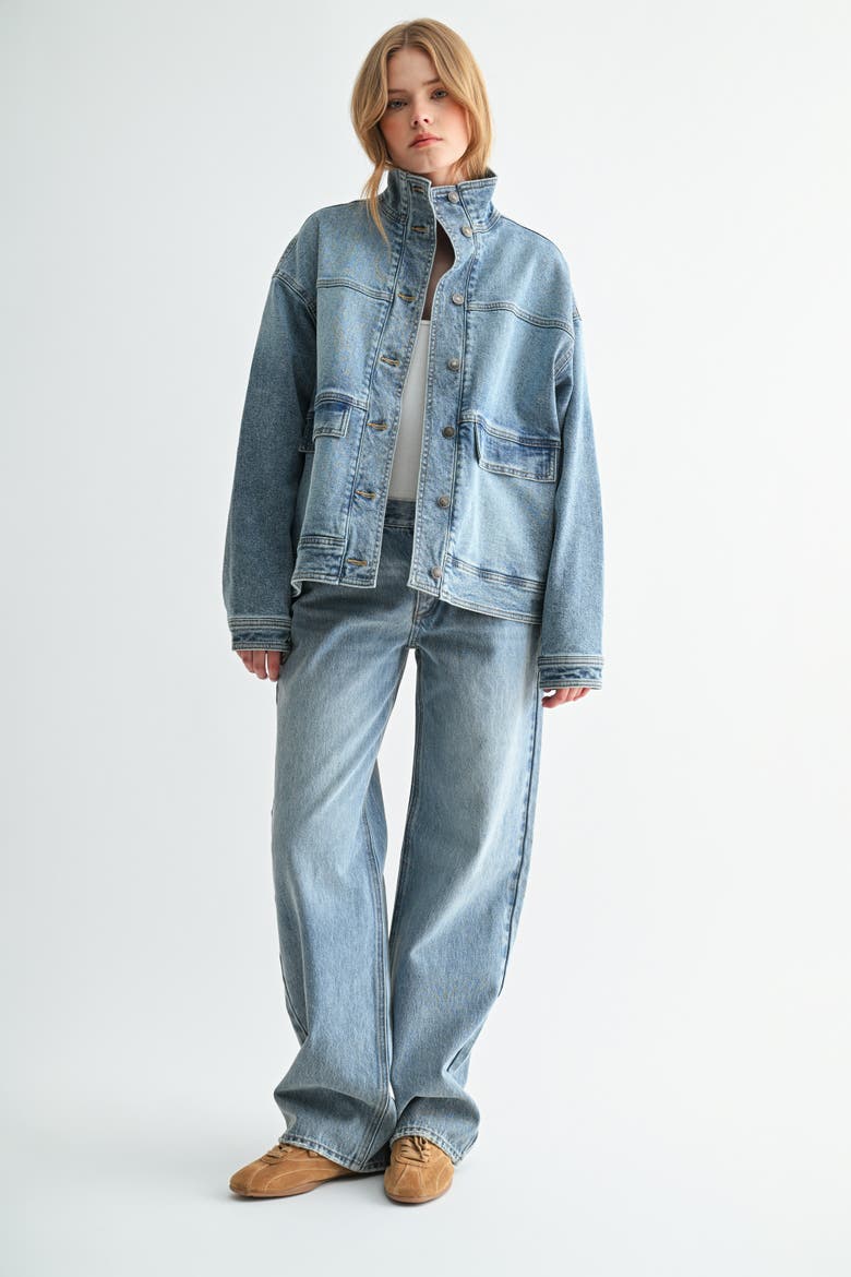 The Heritage Heavyweight Oversized Mock-Neck Denim Jacket, Alternate, color, Medium Wash