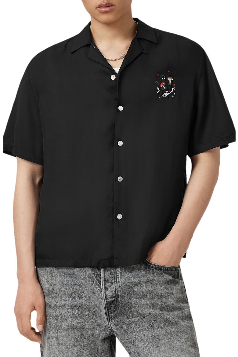 Fungi Embroidered Camp Shirt, Main, color, JET BLACK