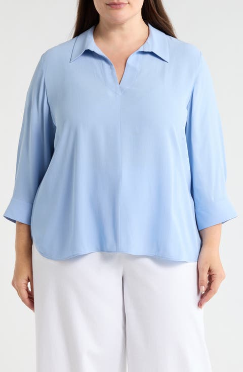 Split Neck Silk Top (Plus Size)