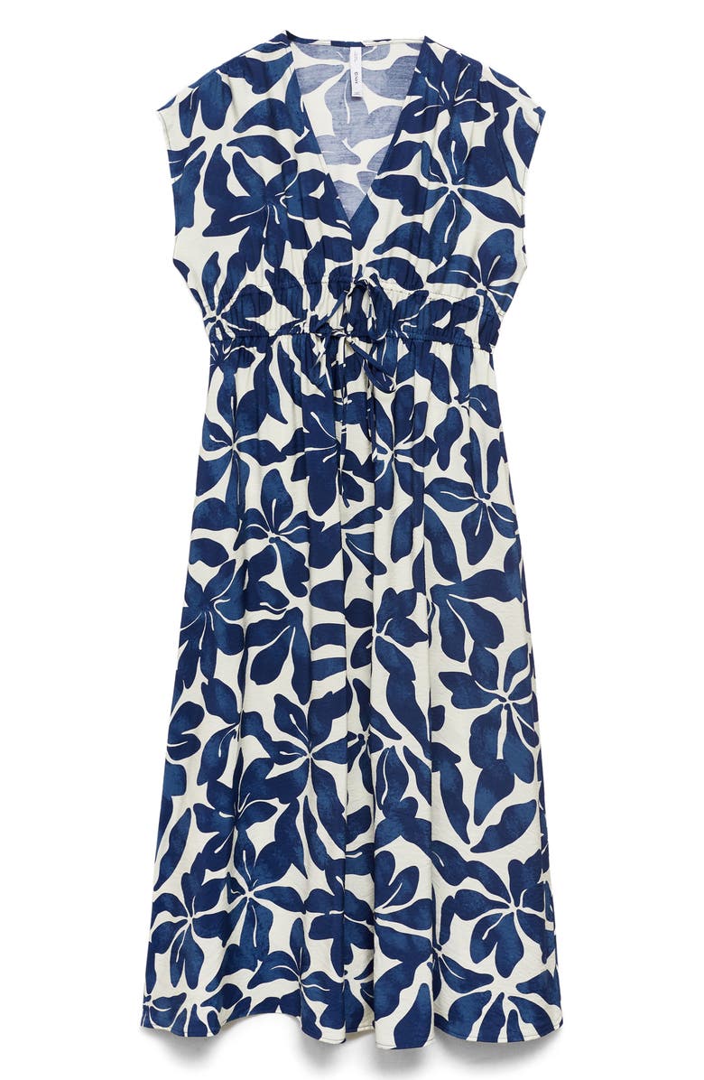 MANGO Print Tie Waist Dress, Main, color, Blue