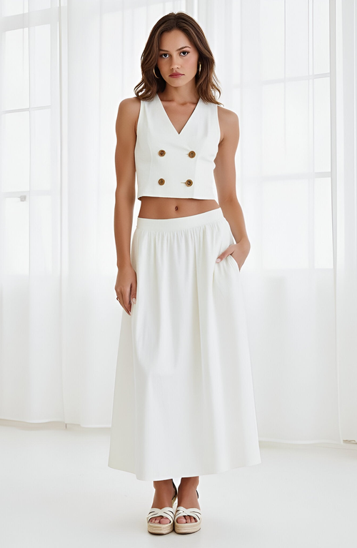 Modenaire Double-breasted Vest And Maxi Skirt Set In Yellow
