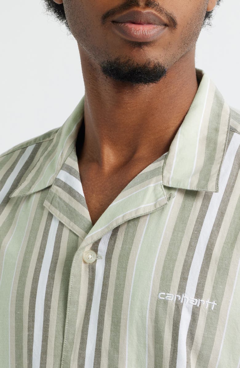 Carhartt Work In Progress Folsey Stripe Cotton & Linen Camp Shirt, Alternate, color, Folsey Pale Olive / White