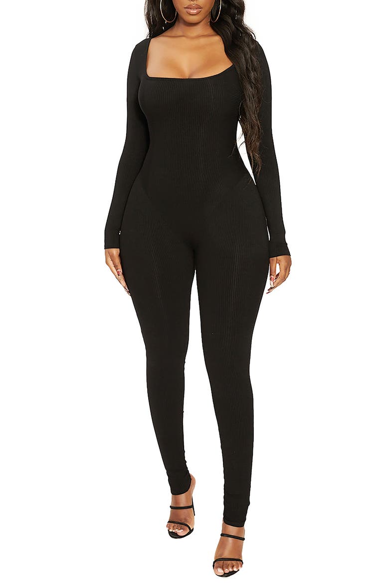 The Snatched Vibes Long Sleeve Jumpsuit, Main, color, BLACK
