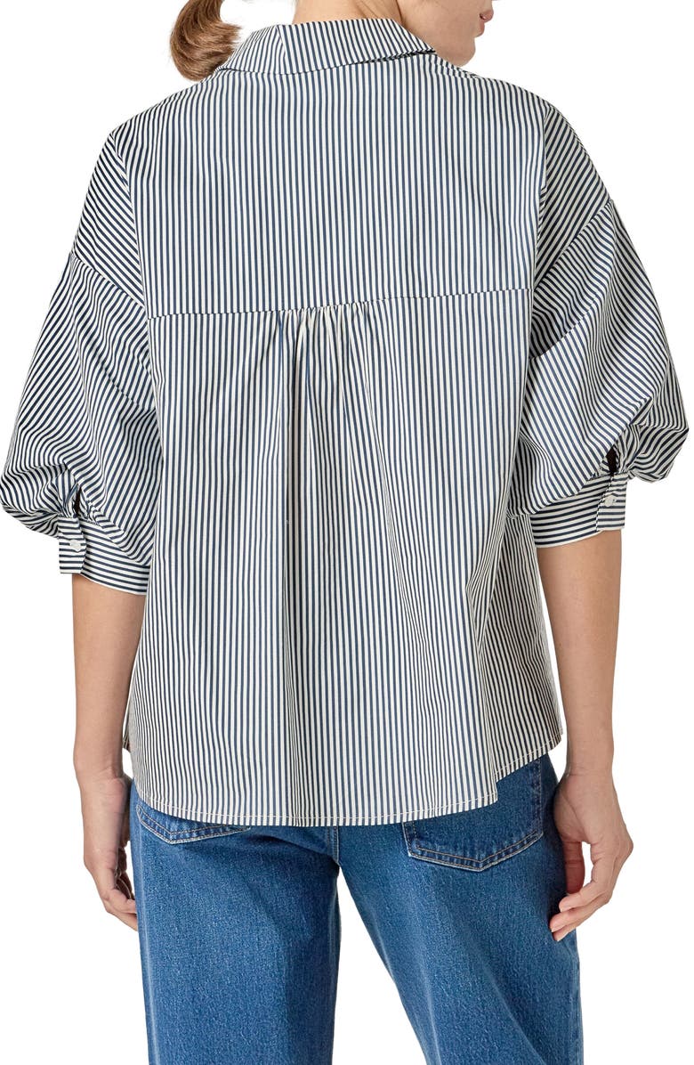 English Factory Stripe Puff Sleeve Button-Up Shirt, Alternate, color, Navy