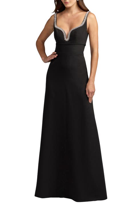 Petite Crepe A Line Gown With Rhinestone Trim