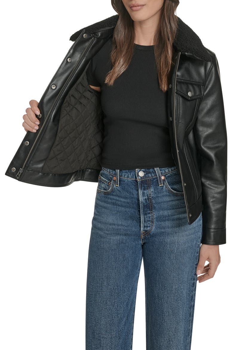 Faux Leather Trucker Jacket, Alternate, color, BLACK