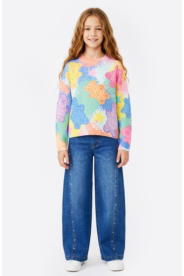Kids' Gummy Bear Embellished Print Sweater, Alternate, color, BLUE/ MULTI