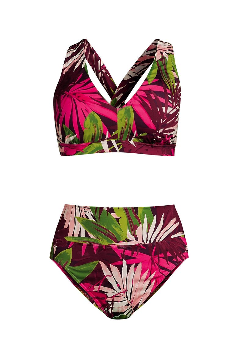 Chlorine Resistant V-neck Midkini Swimsuit Top and High Leg High Waisted Bottoms 2 Piece Set, Alternate, color, Dark Wine Multi Tropical Palm