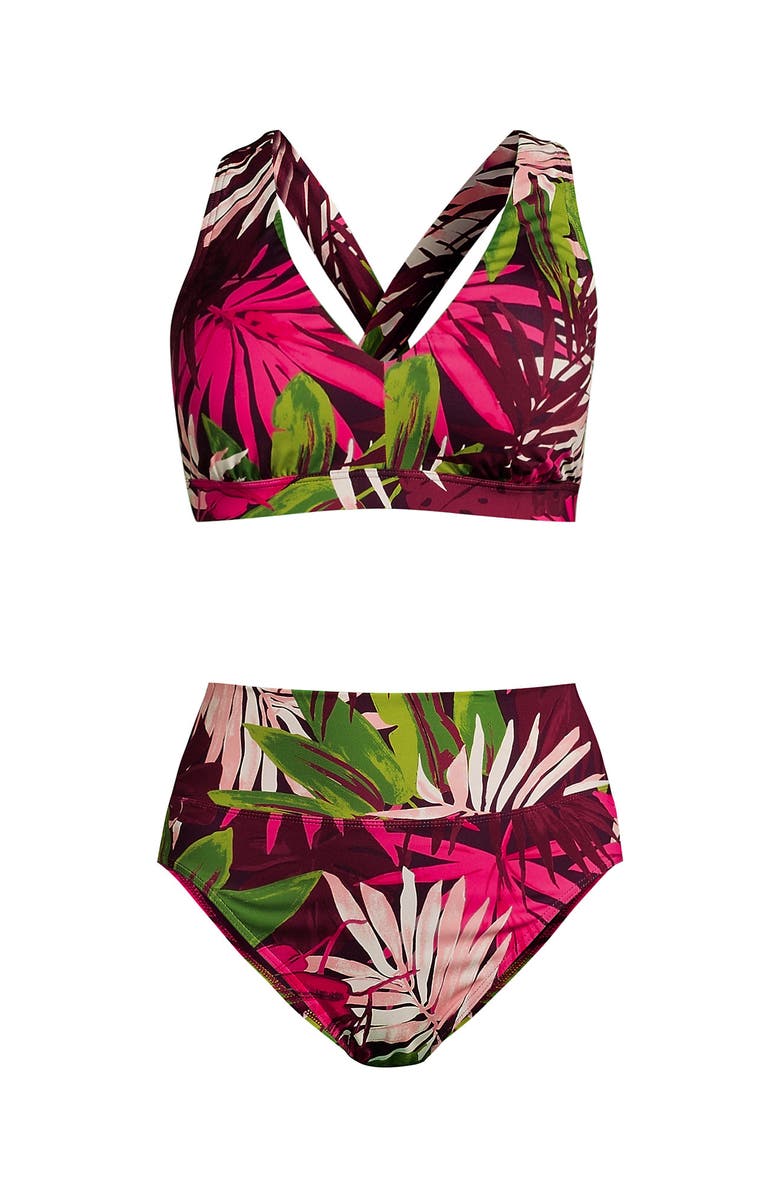 Lands' End Chlorine Resistant V-neck Midkini Swimsuit Top and High Leg High Waisted Bottoms 2 Piece Set, Alternate, color, Dark Wine Multi Tropical Palm