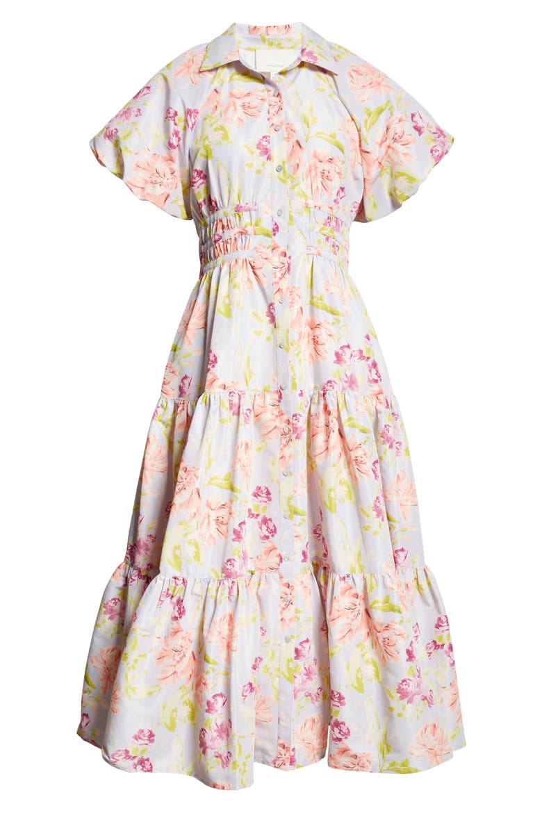 Maggio Midnight Tulips Tiered Midi Dress, Alternate, color, PALE LAVENDER MULTI