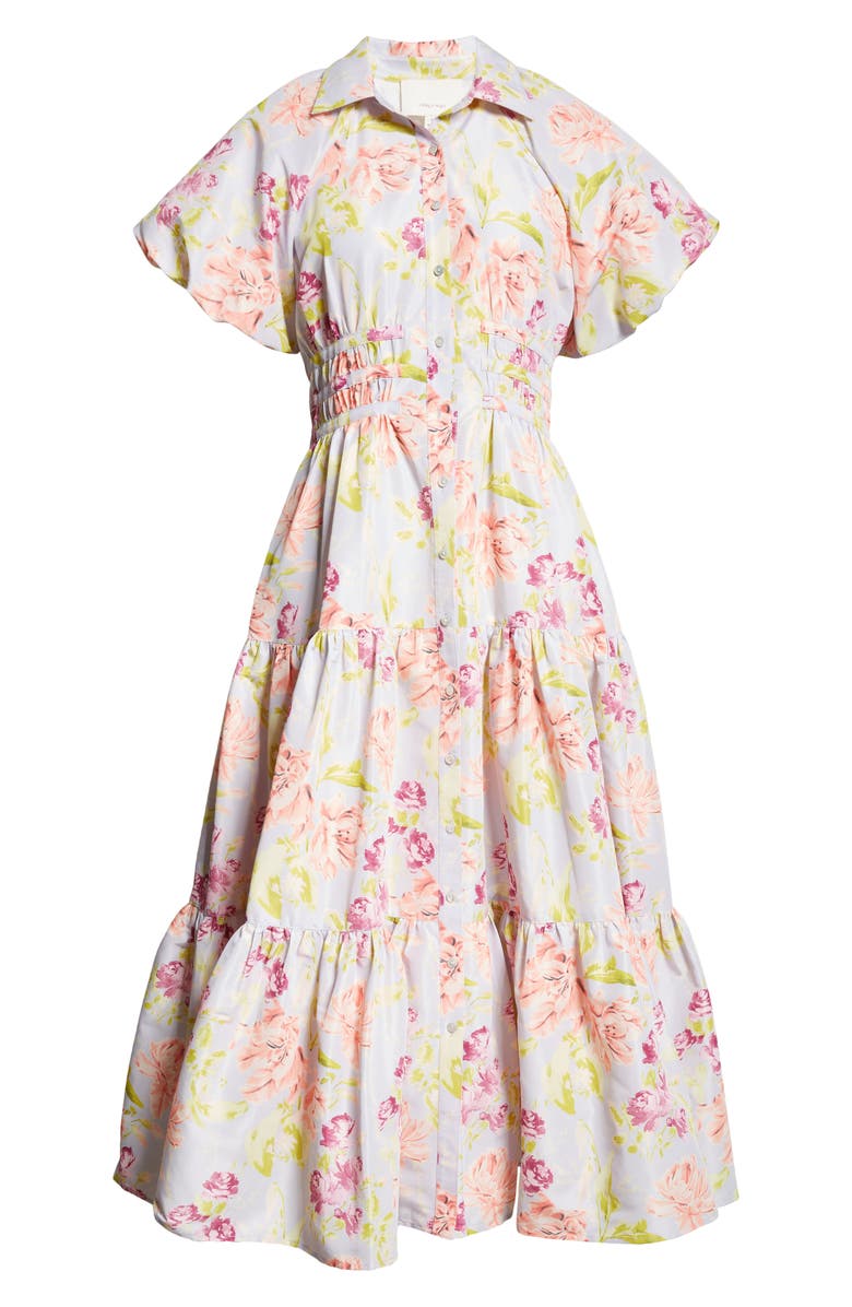 Cinq à Sept Maggio Midnight Tulips Tiered Midi Dress, Alternate, color, Pale Lavender Multi