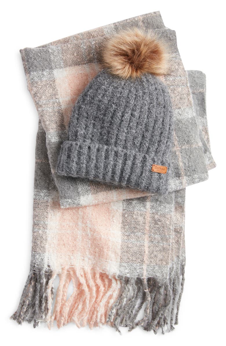 Barbour Saltburn Faux Fur Beanie & Scarf Set, Alternate, color, Grey Rose