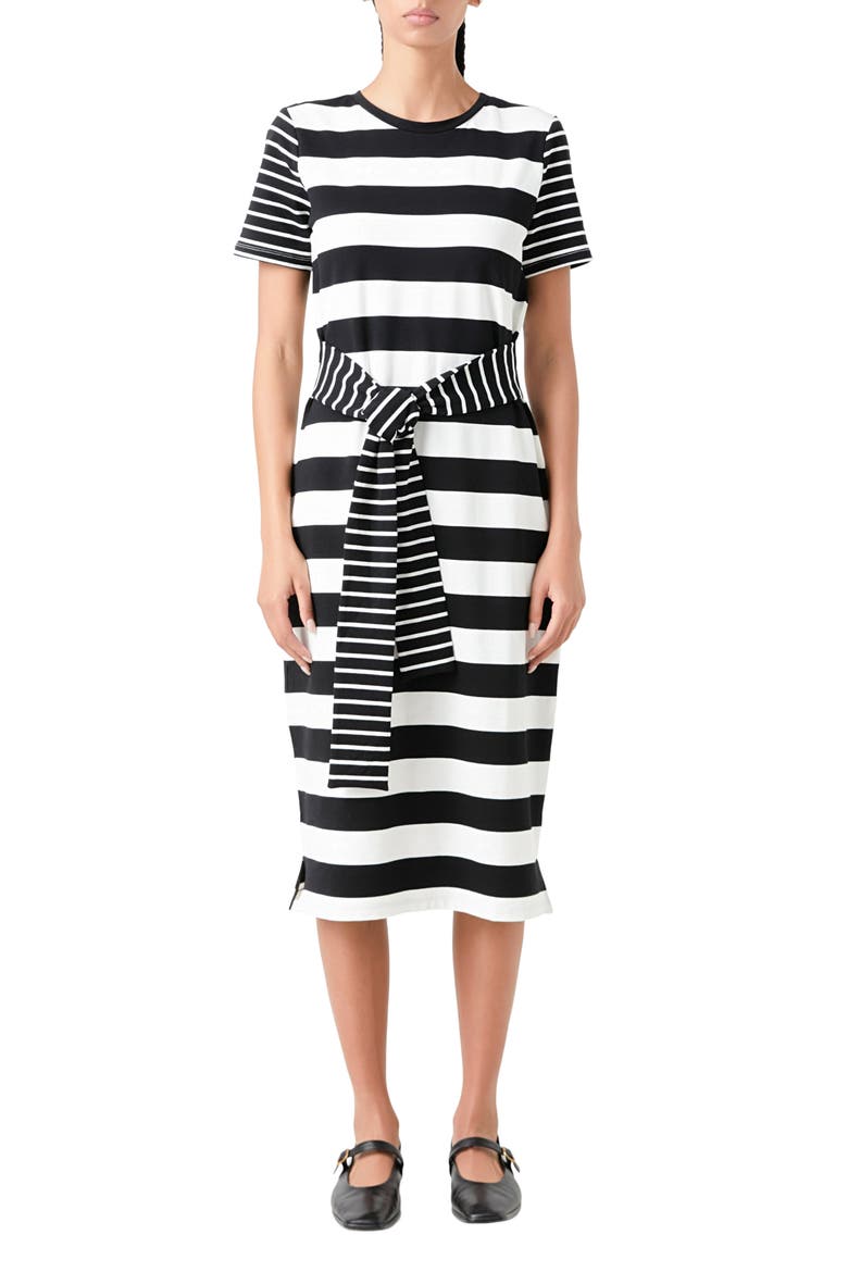 Stripe Tie Front Midi T-Shirt Dress, Main, color, BLACK/ WHITE