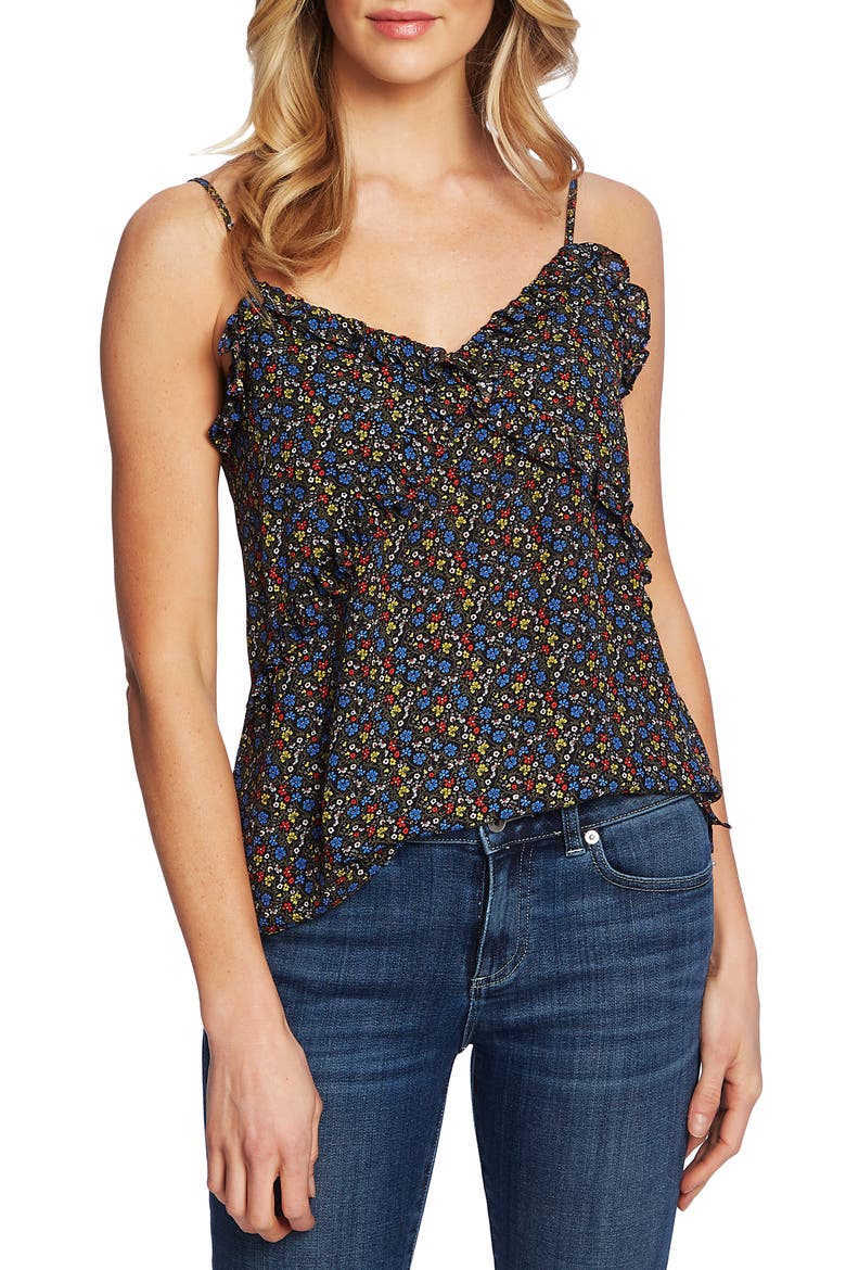Floral Ruffle Detail Camisole, Main, color, RICH BLACK