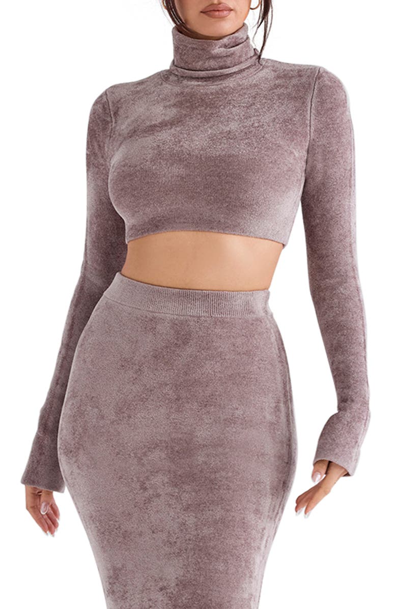 HOUSE OF CB Suri Crop Chenille Turtleneck Sweater, Main, color, Rose