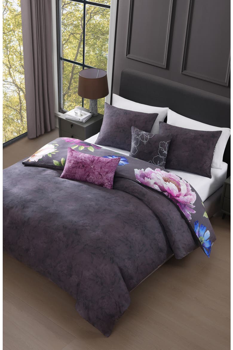 Elegant Blossoms 4-Piece Reversible Comforter Set, Alternate, color, GREY