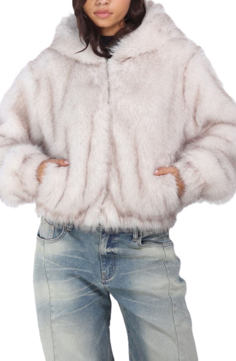 Stoosh Frosted Faux Fur Hoodie, Main, color, Off White/ Brown