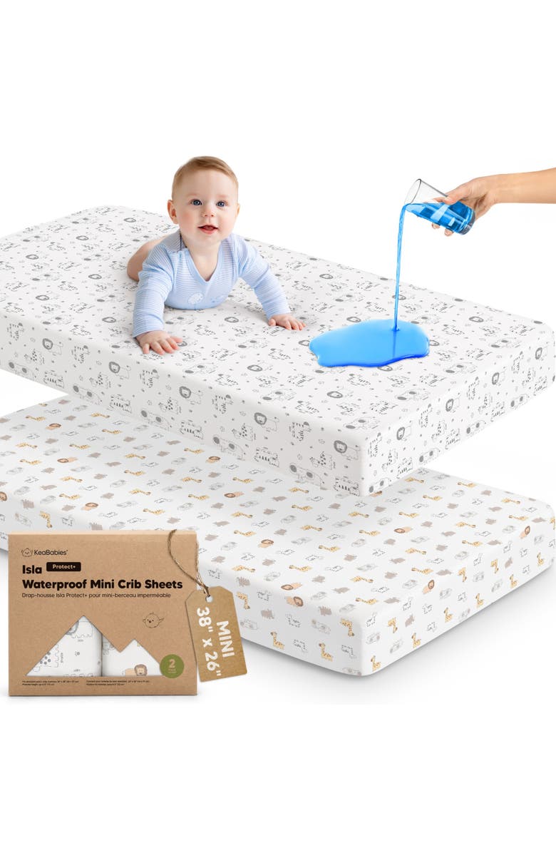 KeaBabies 2-Pack Isla [Protect+] Waterproof Mini Crib Sheets, Main, color, Keasafari