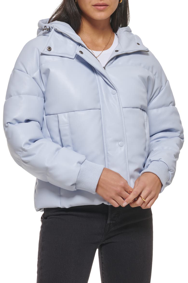 Water Resistant Faux Leather Puffer Jacket, Main, color, LIGHT BLUE