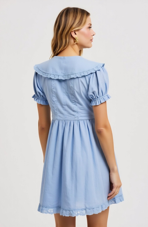 Modenaire Button-front Mini Dress With Lace Trim Puff Sleeves And Ruffle Details In Blue