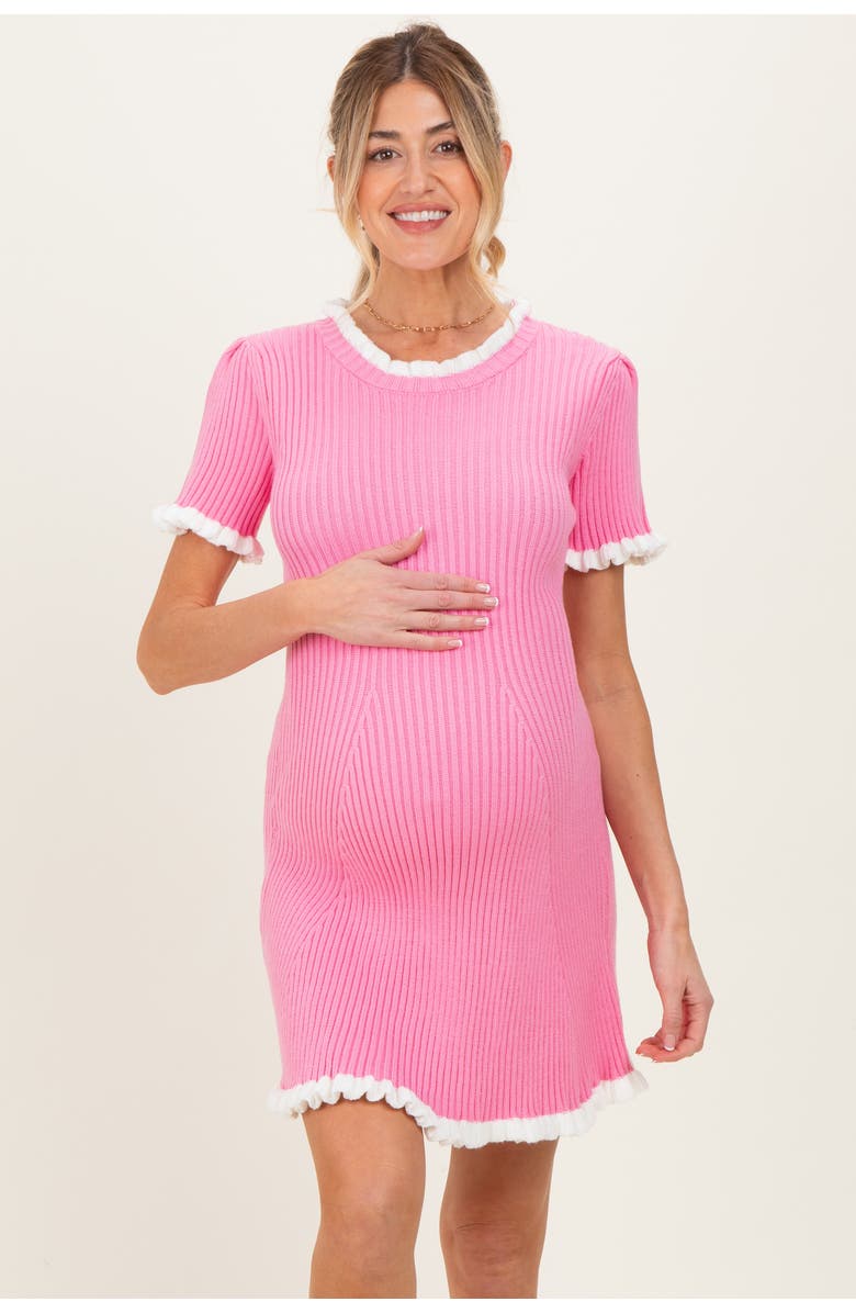 PinkBlush Ribbed Knit Ruffle Trim Mini Dress, Alternate, color, Pink