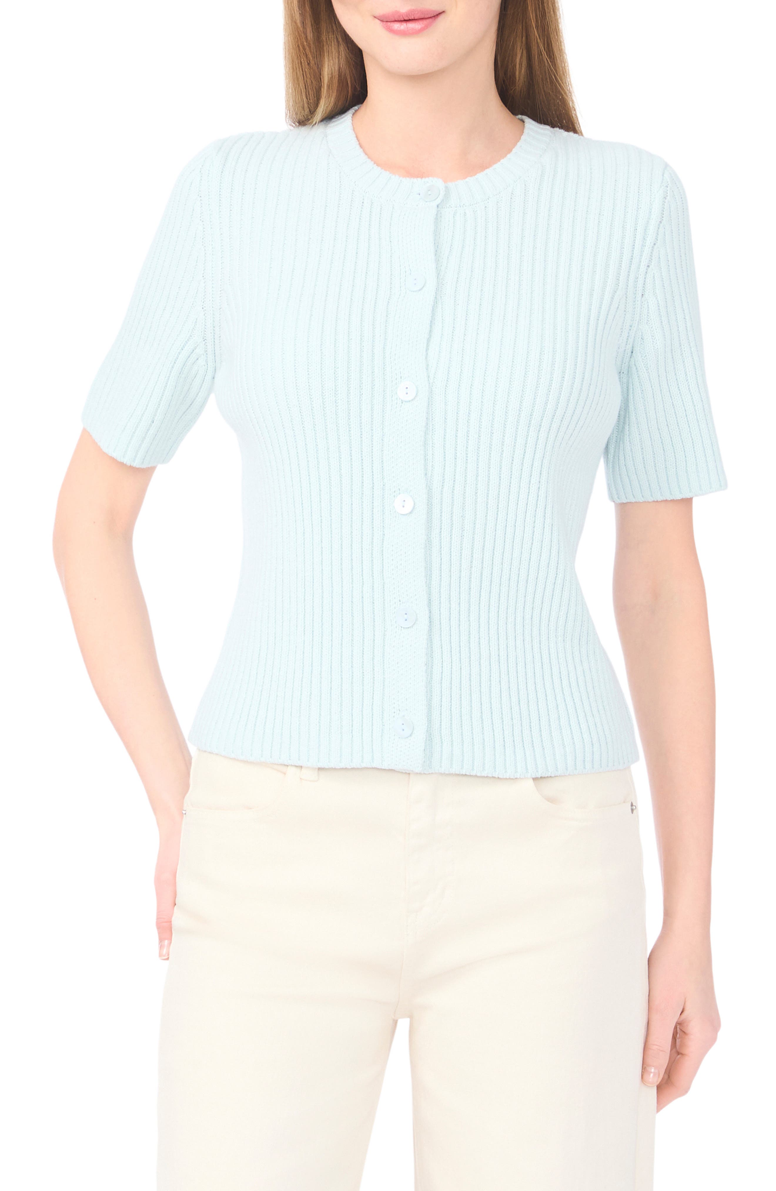 Halogen ® Ribbed Short Sleeve Cardigan In Blue