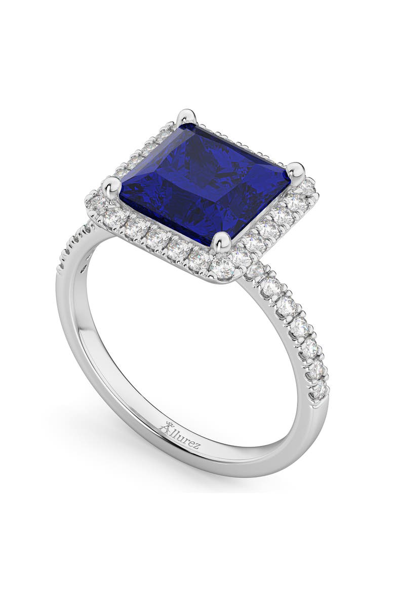 Princess Halo Blue Sapphire & Diamond Ring 14K Gold, Alternate, color, 3.47ct/White Gold