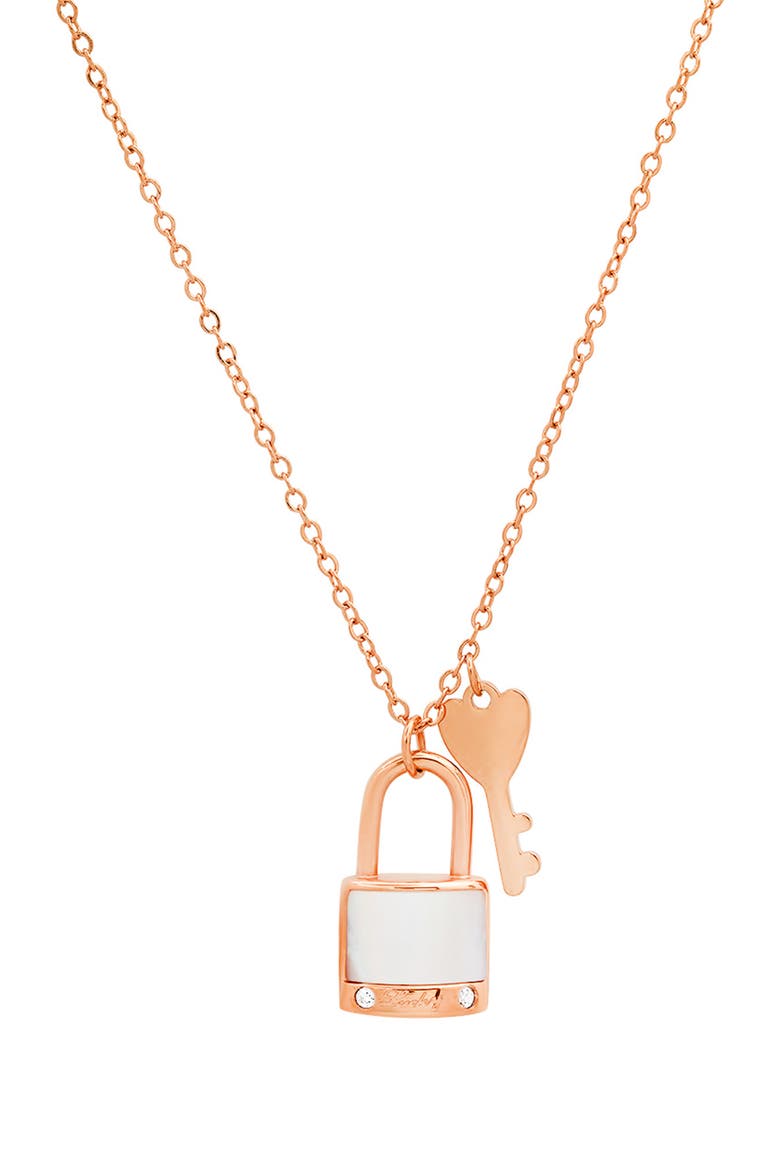 Mother of Pearl 18K Rose Gold Plated Simulated Diamond Lock Necklace, Alternate, color, ROSE