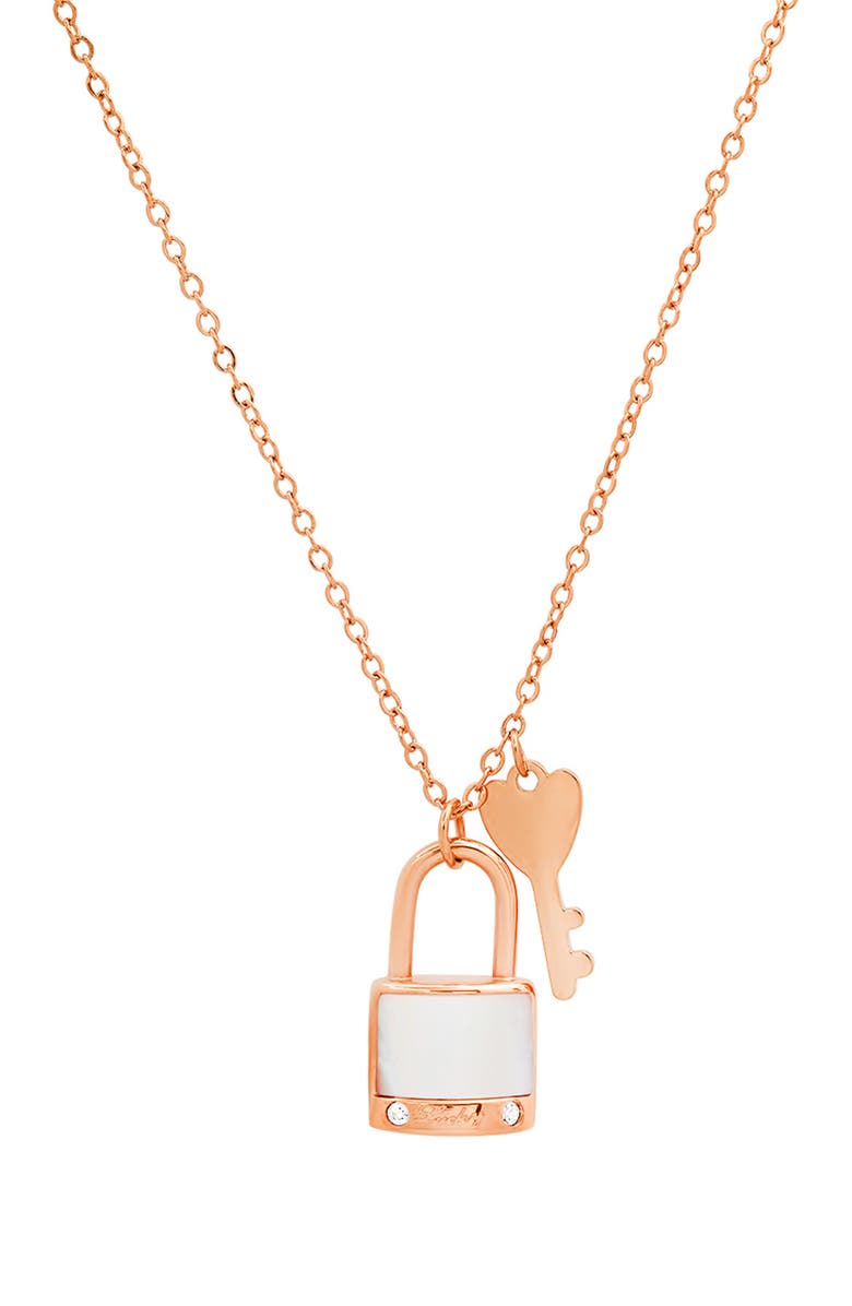 STEELTIME Mother of Pearl 18K Rose Gold Plated Simulated Diamond Lock Necklace, Alternate, color, Rose