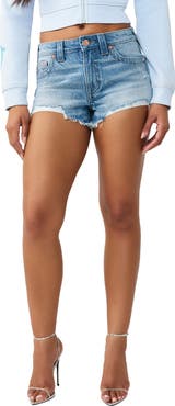 True Religion Frayed High Waist Denim Dolphin Shorts