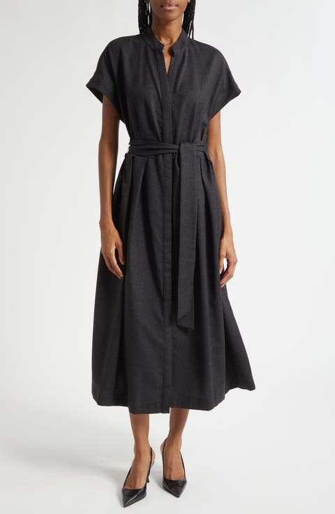 Belted Wool Blend Midi Dress