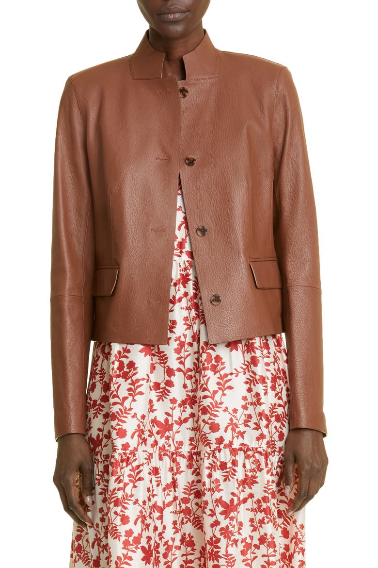 Split Stand Collar Leather Jacket, Main, color, VICUNA
