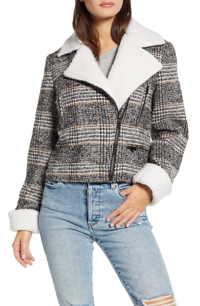 Maralyn & Me Faux Shearling Plaid Moto Jacket, Alternate, color, 