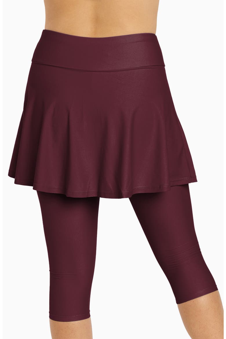 Flared Swim Skort With Capri Leggings, Alternate, color, Wine