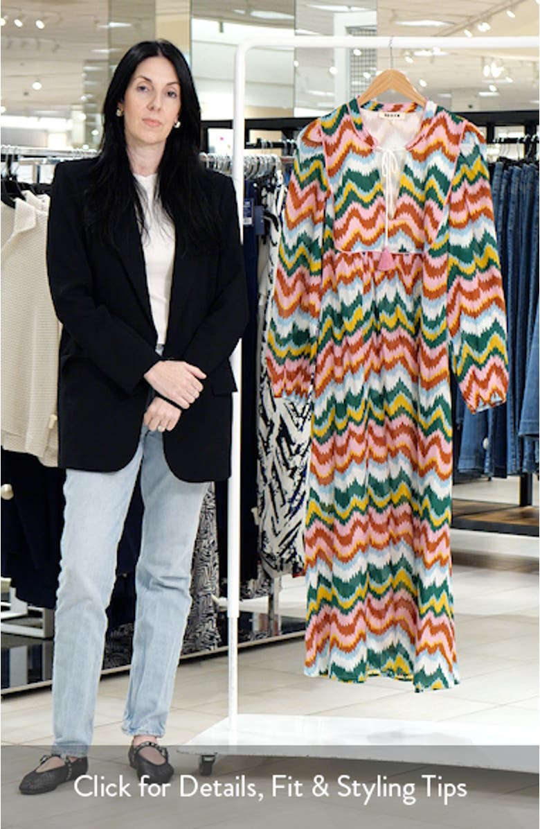 Boho Print Tie Neck Cotton Kaftan Midi Dress, sales video thumbnail