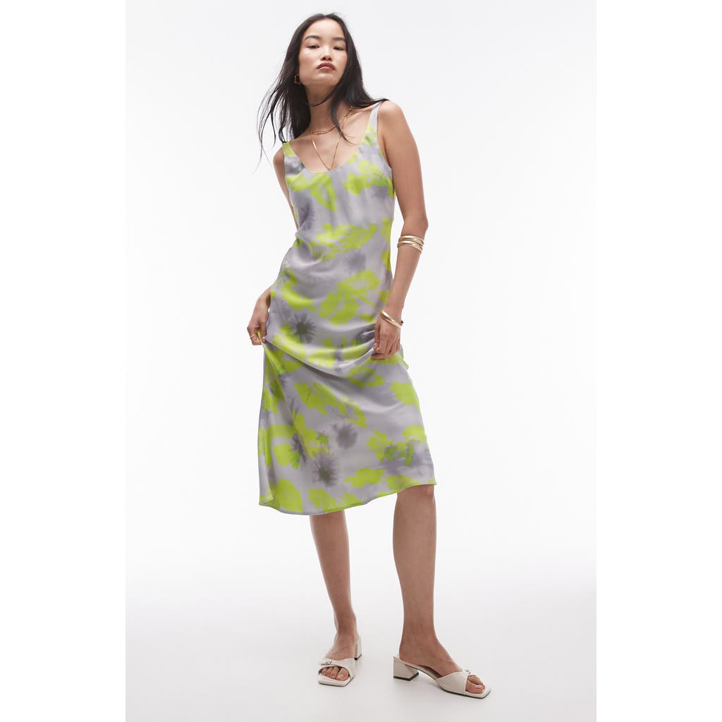 Topshop Scoop Neck Satin Slip In Abstract Floral-multi In Grey Multi