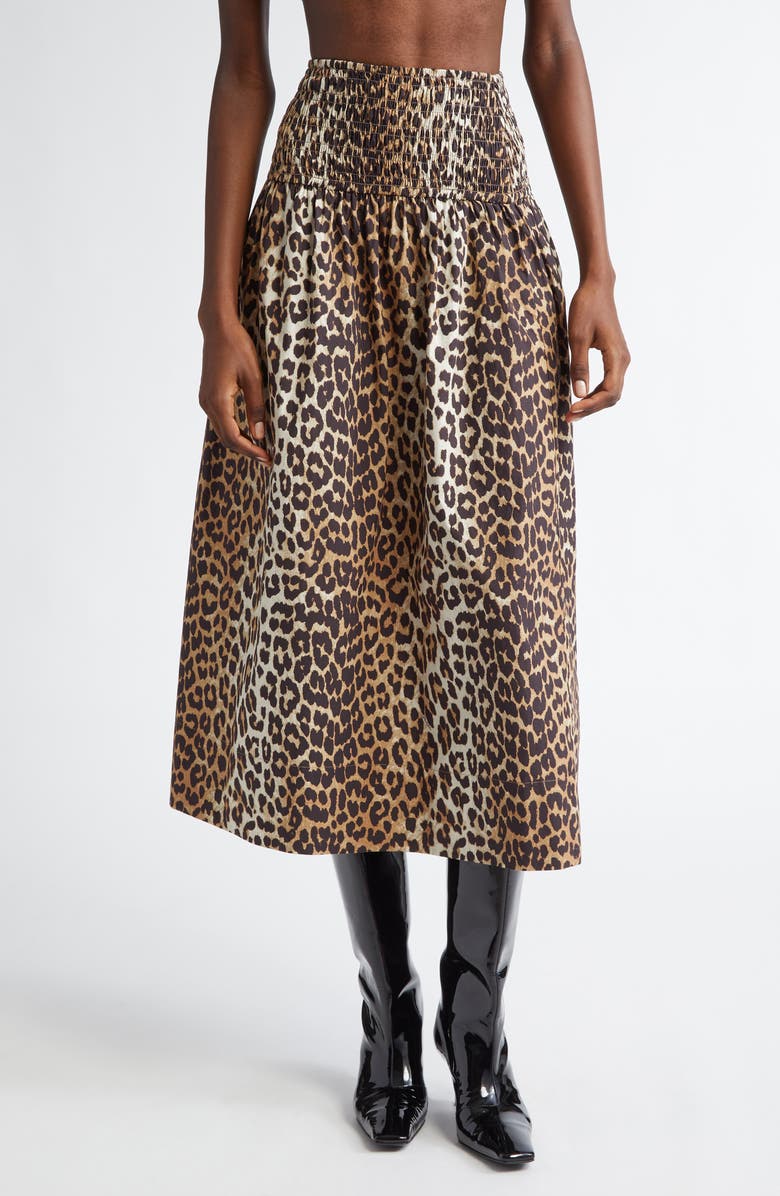 Ganni Leopard Print Organic Cotton Skirt, Main, color, 