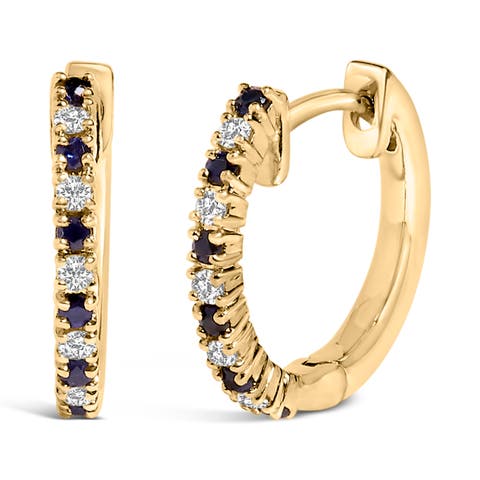 10K Yellow Gold Alternating Blue Sapphire 1/10 Ct Diamond Huggy Hoop Earrings