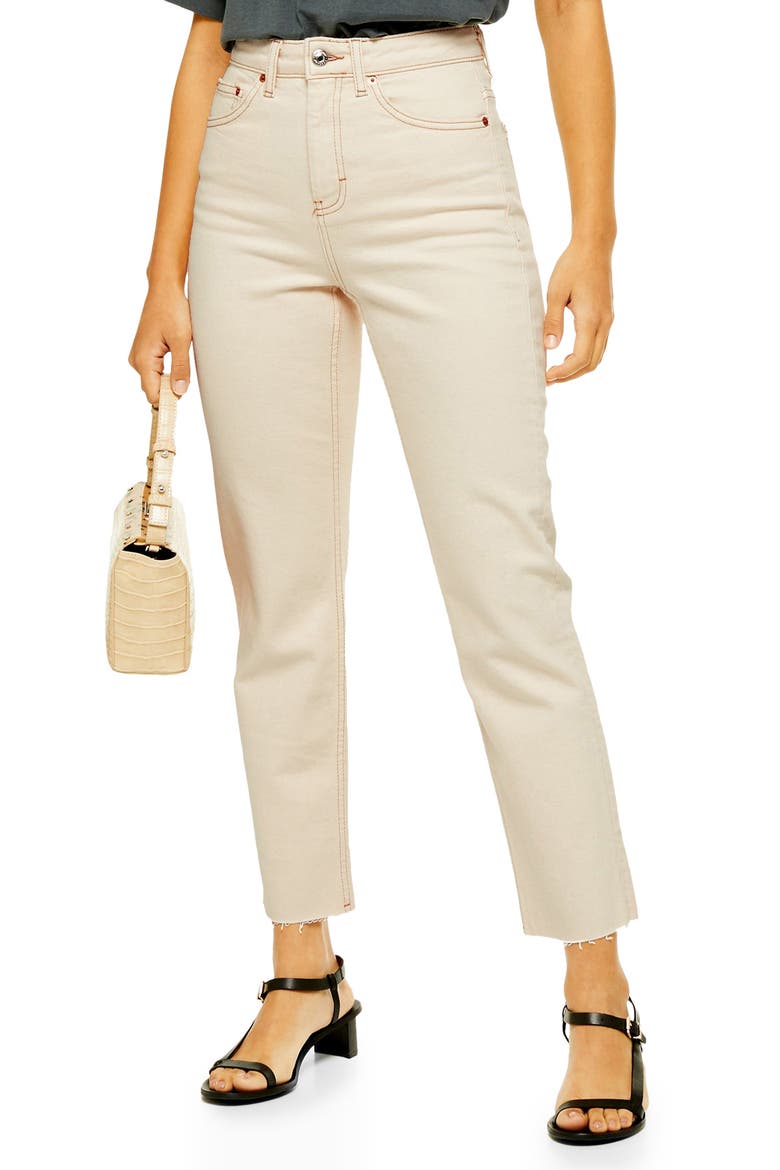 High Waist Raw Hem Straight Leg Jeans, Main, color, CREAM