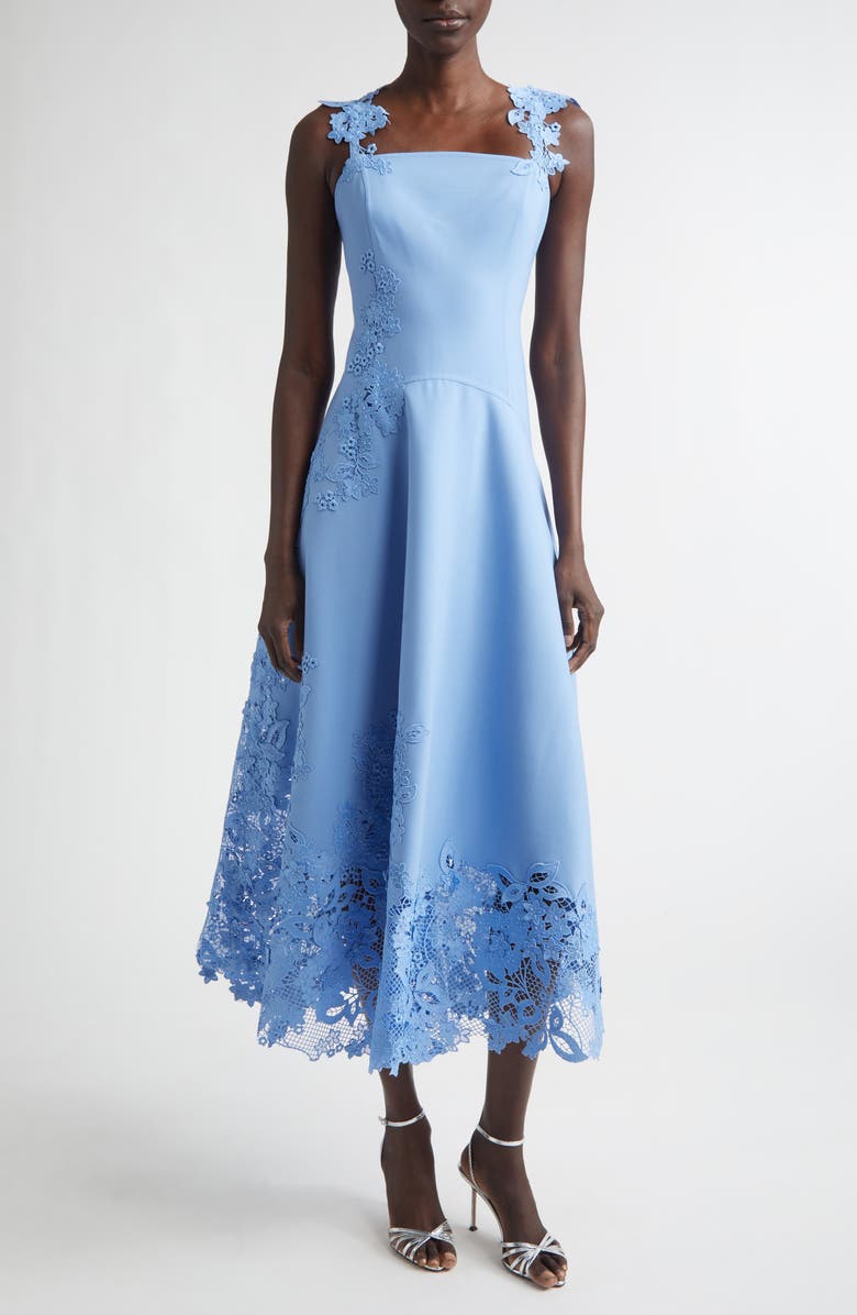 Oscar de la Renta Porcelain Flower Guipure Lace 
Wool Blend Stretch Crepe Dress, Main, color, Hydrangea