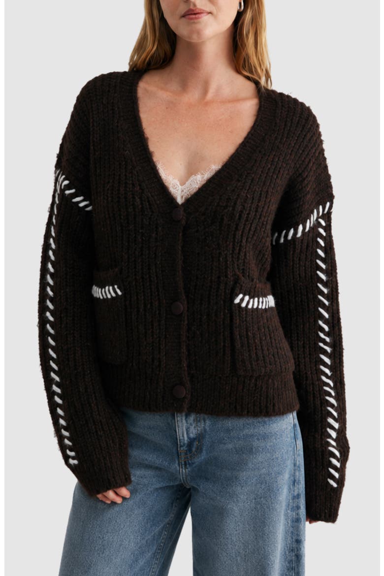 Whipstitch V-Neck Cardigan, Main, color, DARK BROWN