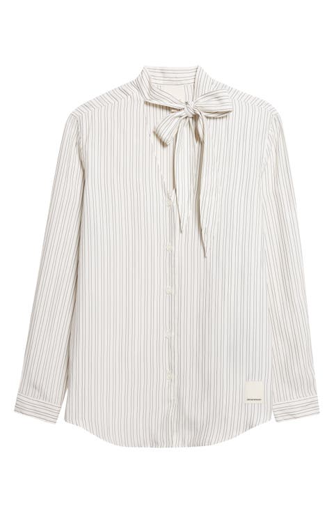 Stripe Tie Neck Button-Up Shirt