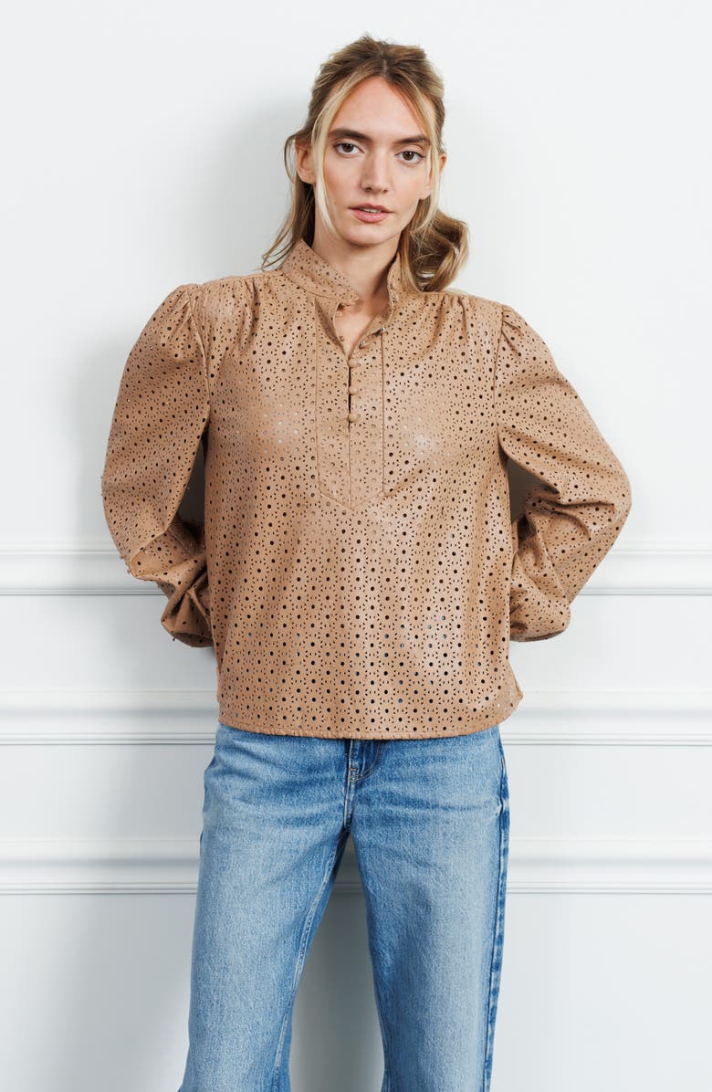 CIEBON Sadie Faux Leather Blouson Sleeve Shirt, Alternate, color, 