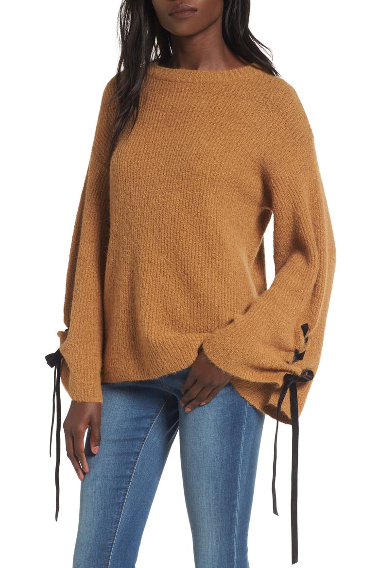Lace-Up Sleeve Sweater, Main, color, BROWN CATTAIL